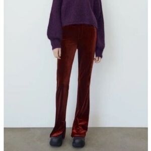 ZARA Women Flare Velvet Brown Rust Stretch High Waist Pull On Pants Split Hem S